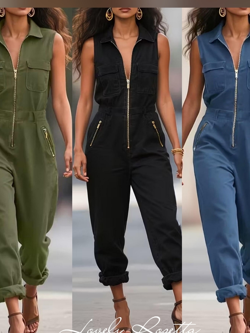 Sleeveless Blue Zip Jumpsuit - Picture 5 of 6